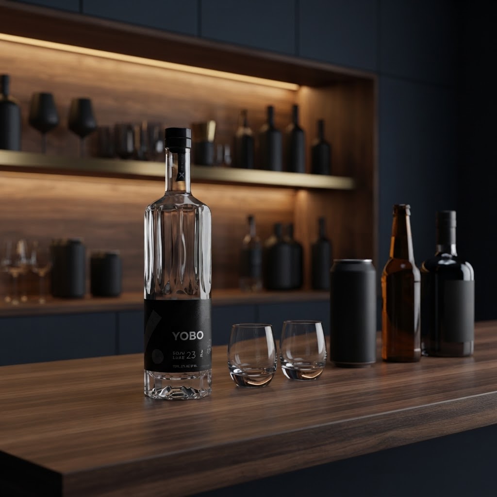 A clear glass soju bottle with soju glasses and other unlabeled bottles and a can on a walnut tasting counter.