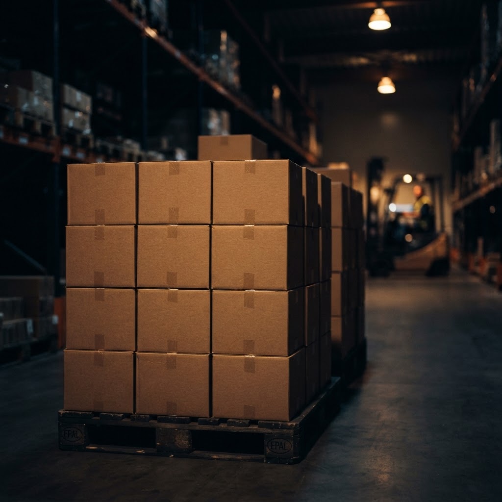 Plain cardboard shipping cases stacked on pallets in a dim warehouse.
