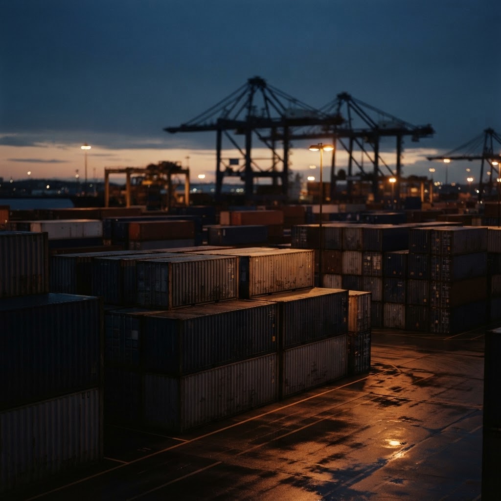 Shipping containers at a seaport dock at dusk.