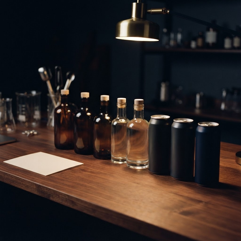 Unlabeled bottles and cans in a row on a product development bench.