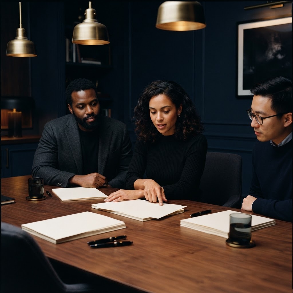 Three people reviewing printed sheets at a dark walnut meeting table.