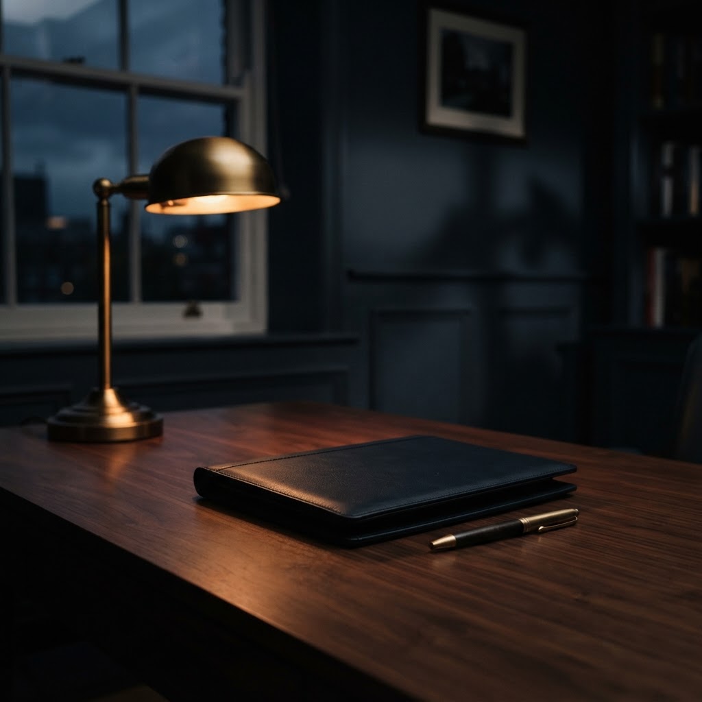 A closed leather folder and a pen on a dark walnut desk with a brass lamp.