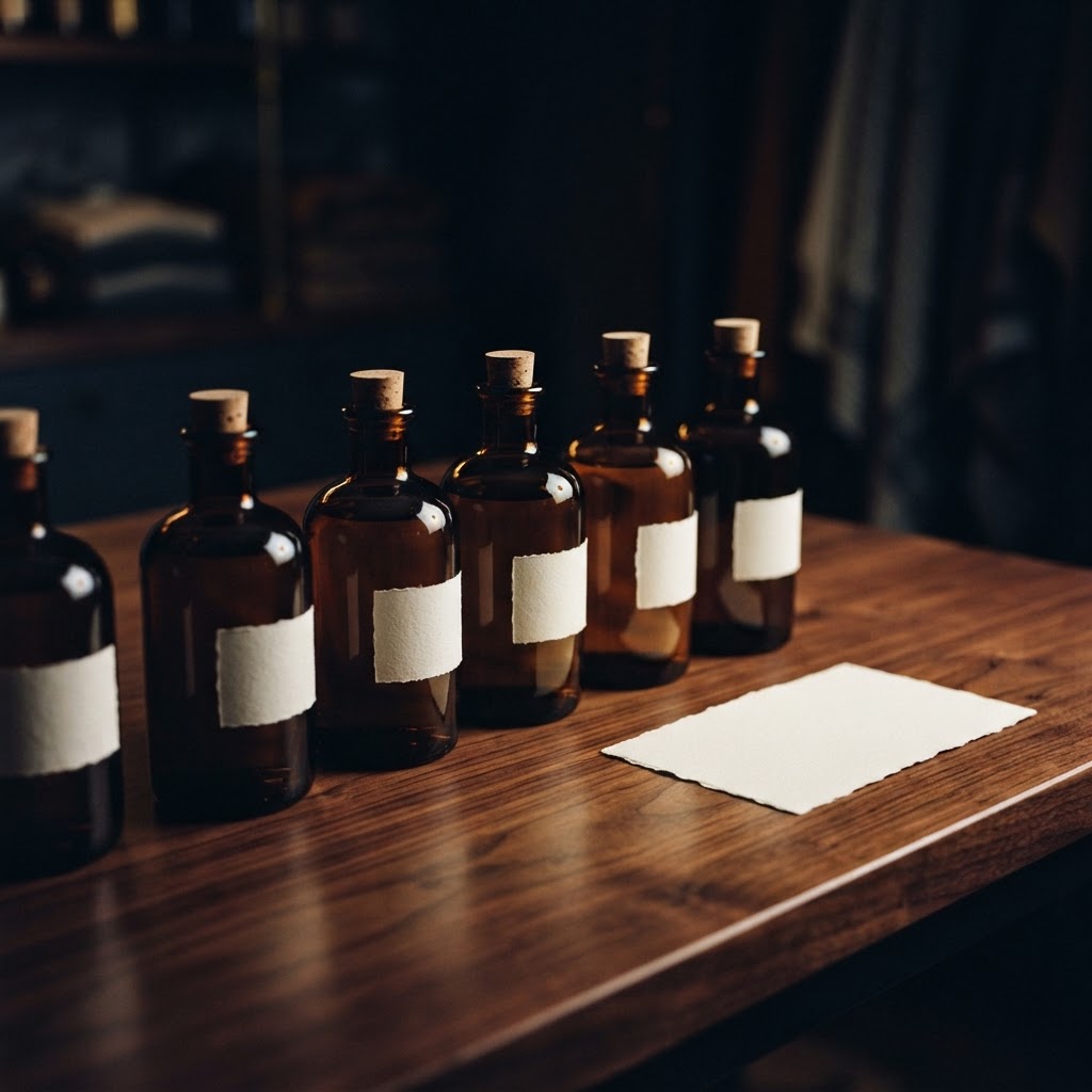A row of unlabeled glass bottles on a dark walnut presentation table.