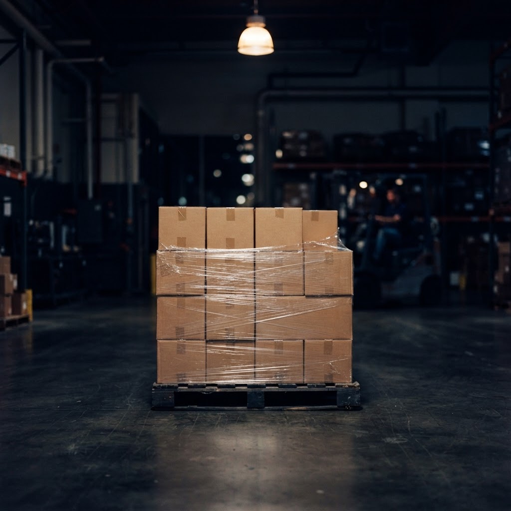 A single pallet of cartons wrapped in clear film in a dim, tidy warehouse bay.