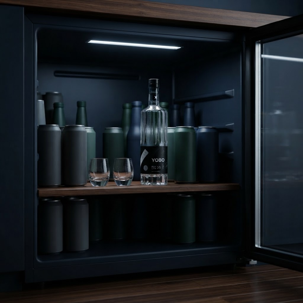 A clear glass soju bottle chilled in a dark store cooler among plain cans and bottles.